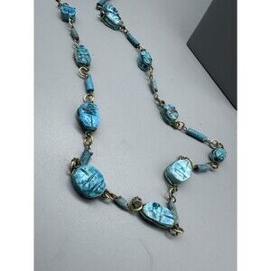 Vintage Clay Blue Scarab Beetle Necklace 36” 40’s Egyptian Revival